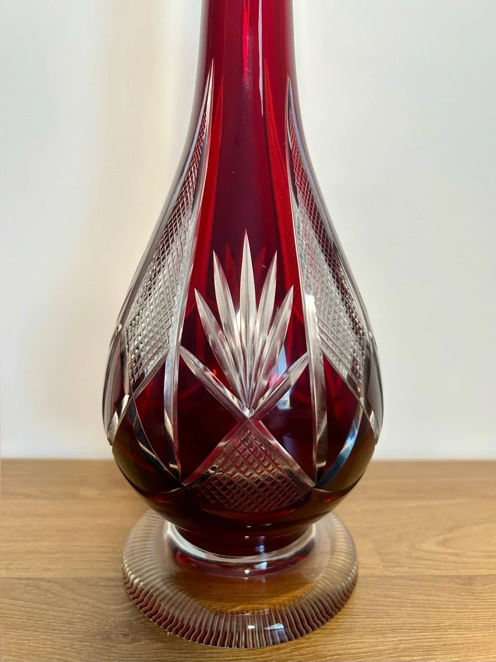 Bohemian Ruby Cut Crystal Vase | Hand-Cut Czech Glass Bud Vase, Mid-Century Deco